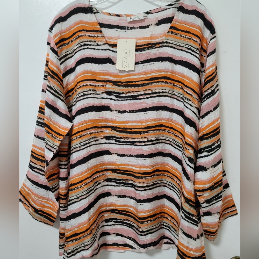 Masai Clothing Blouse Womens XXL Dale Rose Tan Striped Tunic Long Sleeve New
